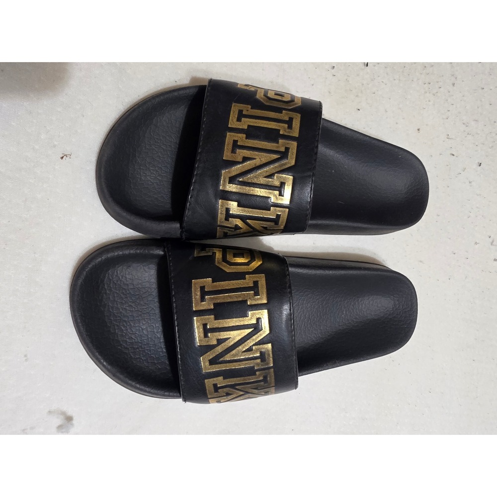 Victoria's Secret PINK Black and Gold Metallic Logo‎ Slide Sandals Womens